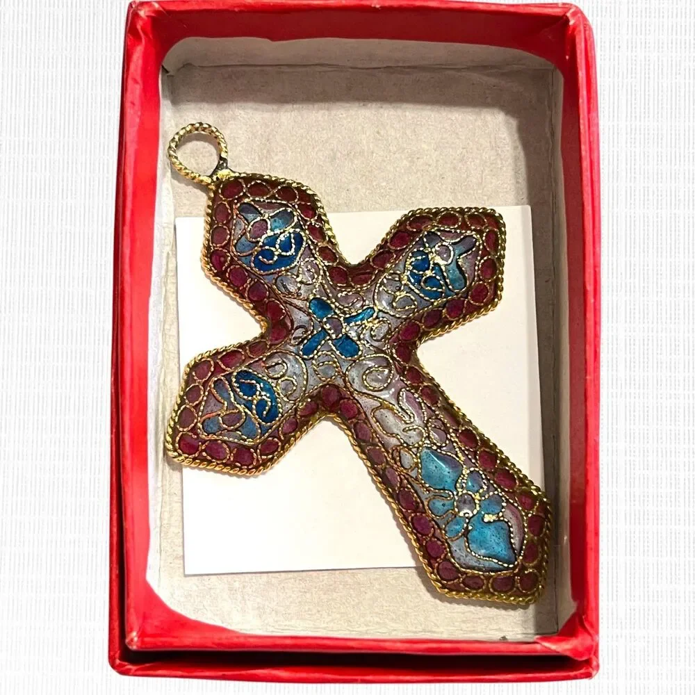 Cloisonne Cross Ornament Filigree Translucent Stained Glass Effect Enamel Floral